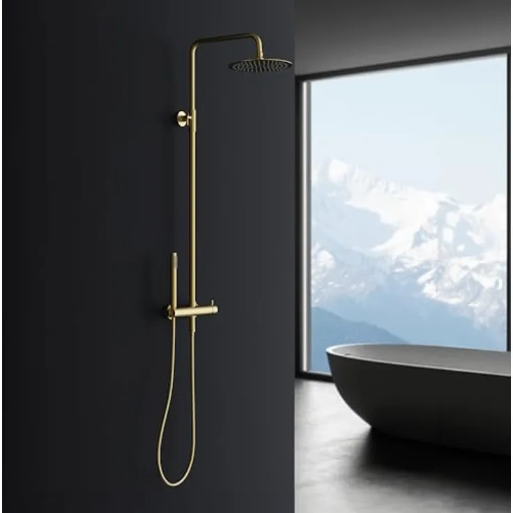 Marwell Duscharmatur Duschset Classico, gold, verstellbare Duschstange 88-118 cm, Regendusche Ø250 mm, Handbrause mit 1,5 m Schlauch