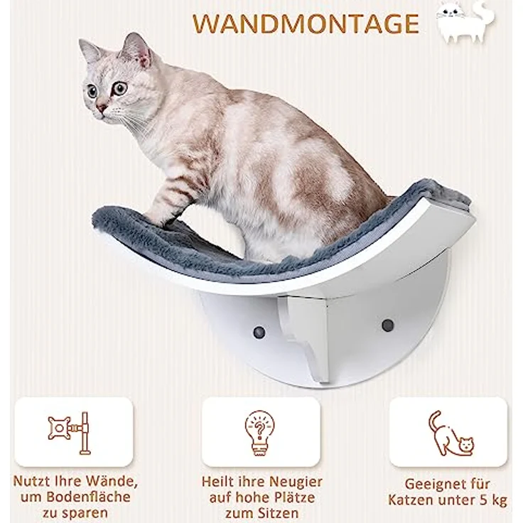 PawHut Katzenliege Katzen Wandliege Katzenbett Katzenregal Wandmontage Plüschauflage MDF Weiß+Grau 41 x 28 x 21 cm – Bild 4