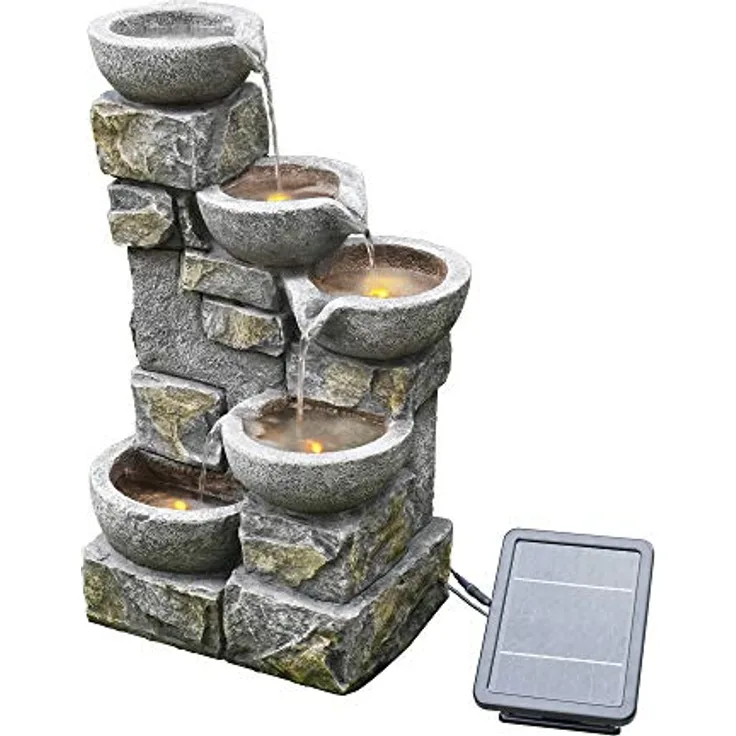 Teamson Home Solar-Wasserbrunnen aus Stein mit Ornamenten und LEDs PT-SF0003, 8 Liter Fassungsvermögen, 160 L/H Durchflussrate, 2M Kabellänge, Lithiumbatterie 7,4V/2000mA, 120V Spannung, 68,6 x 43,2 x 30,5 cm, für Innen- und Außenbereich geeignet, Batterie-Backup-Pack