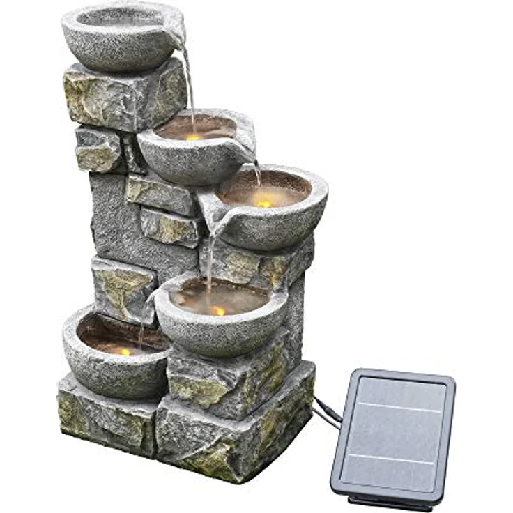 Teamson Home Solar-Wasserbrunnen aus Stein mit Ornamenten und LEDs PT-SF0003, 8 Liter Fassungsvermögen, 160 L/H Durchflussrate, 2M Kabellänge, Lithiumbatterie 7,4V/2000mA, 120V Spannung, 68,6 x 43,2 x 30,5 cm, für Innen- und Außenbereich geeignet, Batterie-Backup-Pack – Bild 1