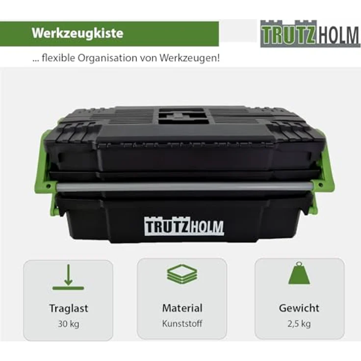 TRUTZHOLM Mehrzweck Werkzeugkiste, vielseitige Aufbewahrung mit 4-teiligen Tablett und Trennwänden, robust, ca. 48x24x21 cm, leer – Bild 2