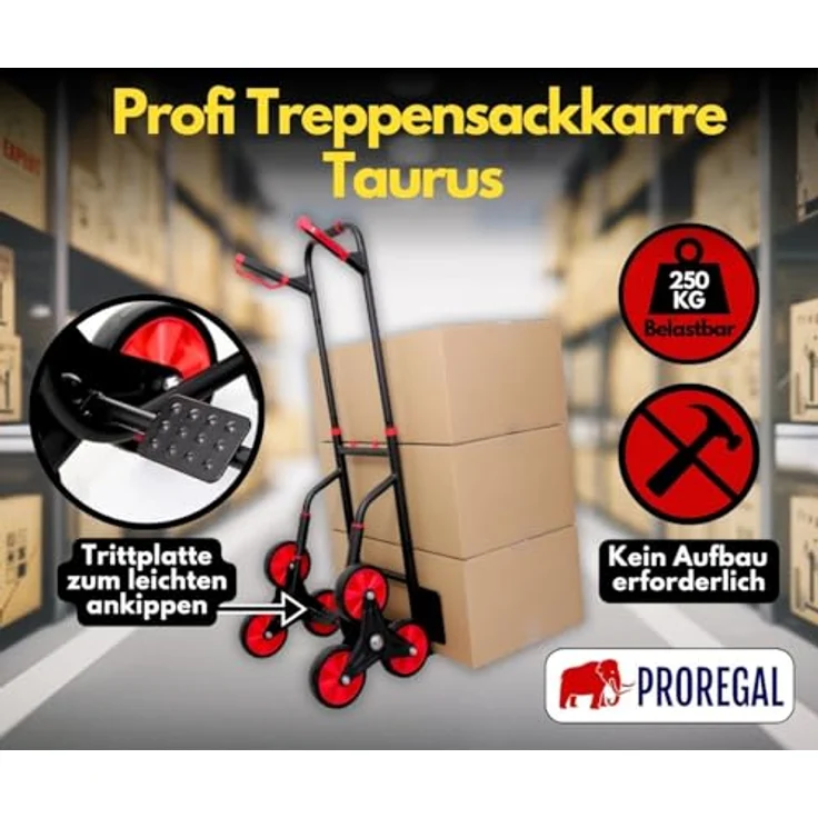 PROREGAL® Treppensackkarre TAURUS 250kg Stahlrahmen ergonomische Griffe Gummiräder, pulverbeschichtet rot/schwarz – Bild 4