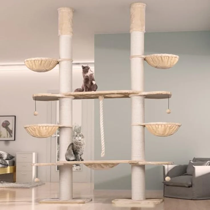 Happypet Kratzbaum Verbindungs-Set mit Liegemulde und Spielseil, bestehend aus zwei Platten aus Multiplex-Hartholz, beidseitig mit Plüsch bezogen, ideal zur Erweiterung von Kratzbäumen – Bild 2