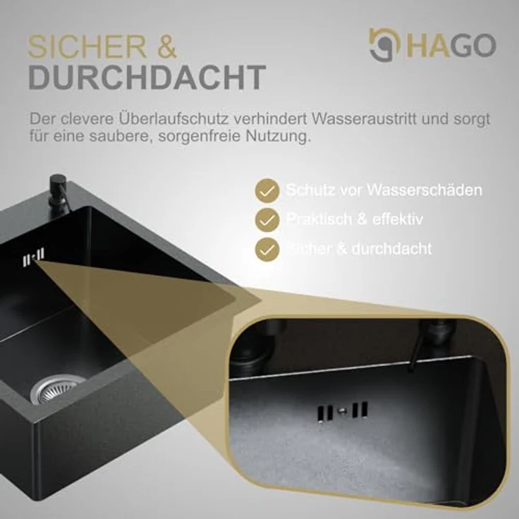 HAGO Edelstahlspüle Einbauspüle 45x45cm Eckig, rostfreies Edelstahl Spülbecken mit Ablaufgarnitur – Bild 4