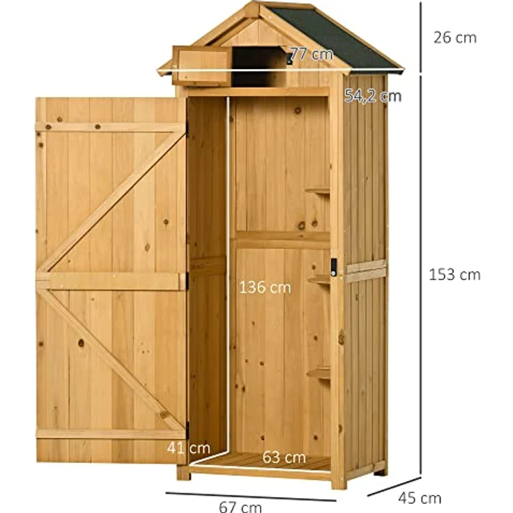 Outsunny Gartenschrank Gartenhaus Gerätehaus Geräteschuppen mit Fachböden Asphaltdach Fenster Holz Gelb+Grün 77 x 54,2 x 179 cm – Bild 3