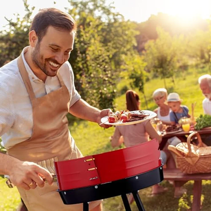 Relaxdays Holzkohlegrill 42 cm mit Rollen, Rundgrill in Schwarz und Rot für bis zu 4 Personen, 3-fach höhenverstellbarer Grillrost – Bild 2