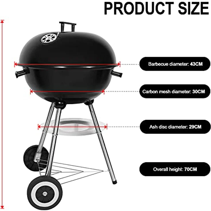 SunJas Holzkohlegrill, tragbar, rund, Deckel, Doppelräder, Schwarz - Preisvergleich – Bild 4