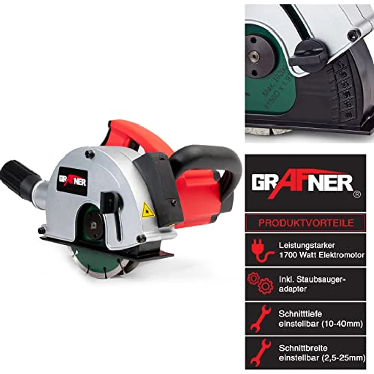 Grafner Mauernutfräse MD10963, 1700 Watt mit integriertem Präzisionslaser und einstellbarer Schnittbreite (14-29 mm) – Bild 2