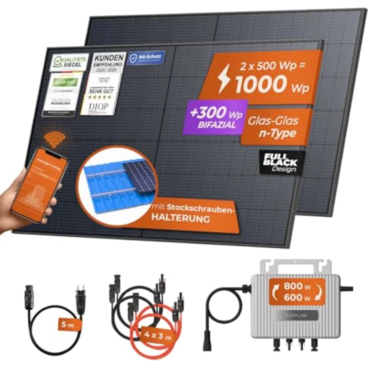 Solarway® Balkonkraftwerk 1000Wp, 800W EcoFlow Wechselrichter, 2x 500W bifaziale Black Solarmodule, komplett Steckdose, mit 5m Steckdosen-Kabel & Zubehör – Bild 2