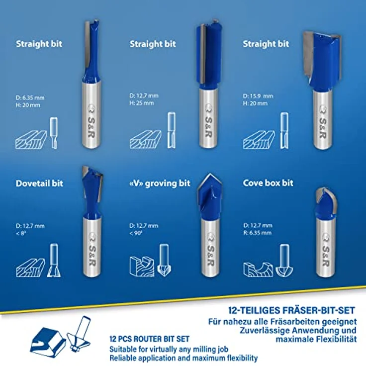 S&R Fräser-Set HM für Oberfräsen, 12 tlg, Zylindrischer Schaft 8 mm, präzise Hartmetall Schneideplatten, Holzfräs-Bits aus geschmiedetem Werkzeugstahl, in Holzbox, Fräser für Kantenfräse, Holzfräse – Bild 3