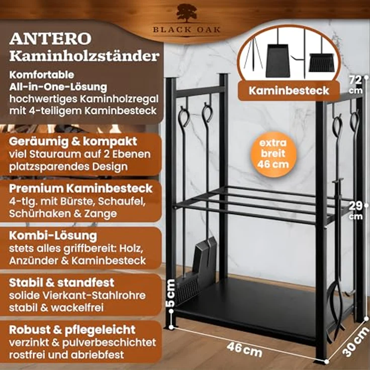BLACK OAK Kaminholzständer ANTERO, schwarzes Stahlregal mit 2 Ebenen, 72x46x30cm, inkl. 4-teiligem Kaminbesteck Set, wetterfest für Innen- und Außenbereich – Bild 2