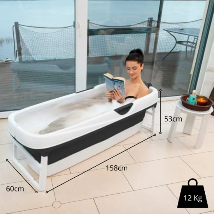 CRS faltbare Badewanne Erwachsene 158x62x52cm | Klappbare mobile Badewanne ideal für kleine Badezimmer | foldable bathtub | tragbare Klappbadewanne zum Aufstellen Schwarz – Bild 5