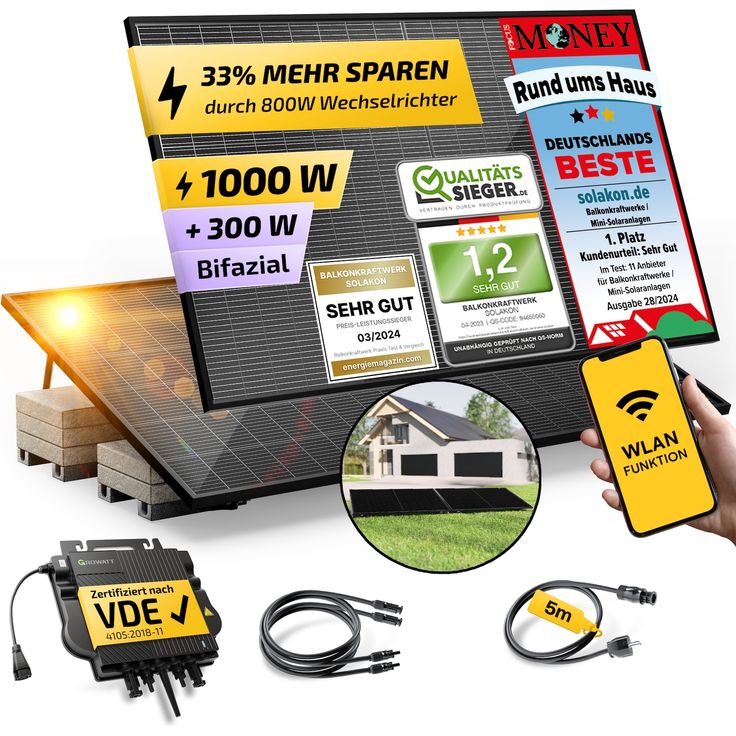 Solakon Balkonkraftwerk 890W / 800W Solaranlage Steckerfertig WIFI mit Garten Halterung Komplettset Photovoltaik Anlage 800W