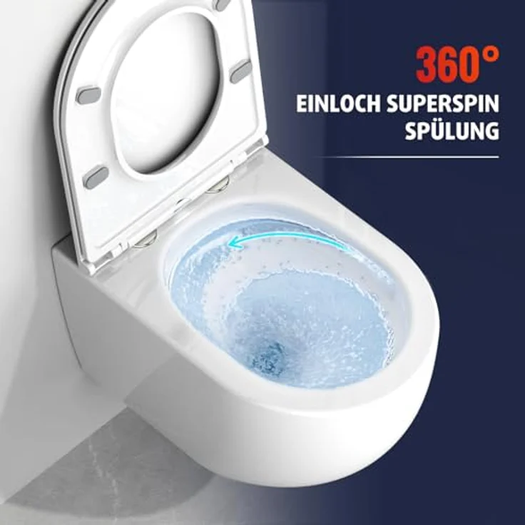 Rainsworth Hänge WC Spülrandlos Toilette - 360° Einloch Superspin Spülung Wand WC, Geräuscharme Toilettenspülung, Absenkautomatik, Weiß, 48.5cm – Bild 2