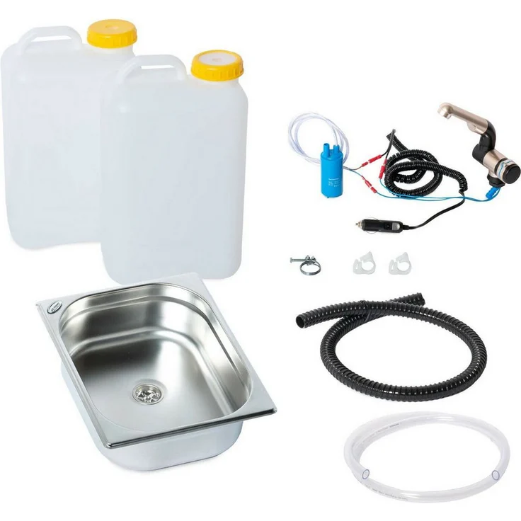 ad-ideen Waschbecken 12V Camping Spüle Bausatz, Edelstahl, inklusive 19L Wasserkanister und Tauchpumpe, geeignet für T4 T5 T6