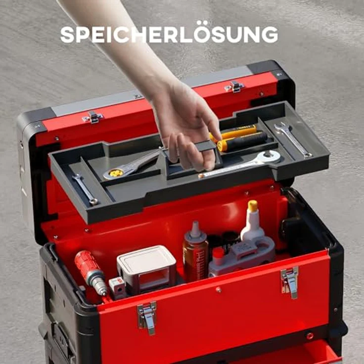 HOMCOM Werkzeugwagen, 3-teilig mit Koffer und teleskopischem Griff, modular, max. Traglast 45 kg, Rot – Bild 4