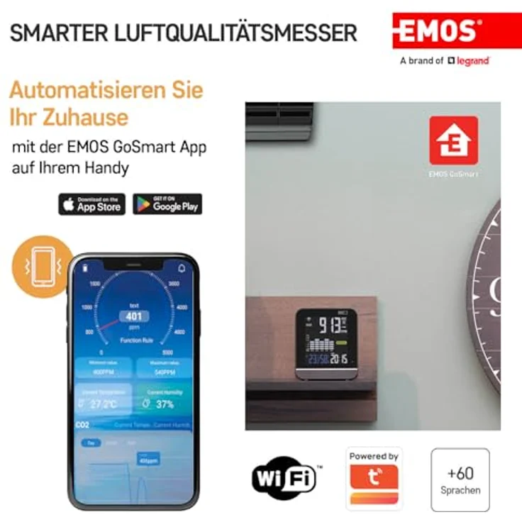 EMOS GoSmart E30300, Smart Home Luftqualitätsmonitor mit Farbdisplay, CO2-, Temperatur- und Feuchtigkeitssensor, WiFi, USB-C Stromversorgung, TUYA & SmartLife kompatibel, schwarz – Bild 4