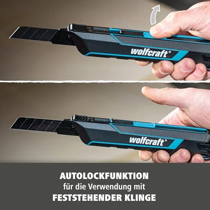 wolfcraft Cuttermesser PRO SAFETY 18 mm, Profi Abbrechklingenmesser mit Autolock, ergonomisch für Rechts- und Linkshänder, Metallgehäuse, extra scharfe Klinge – Bild 4