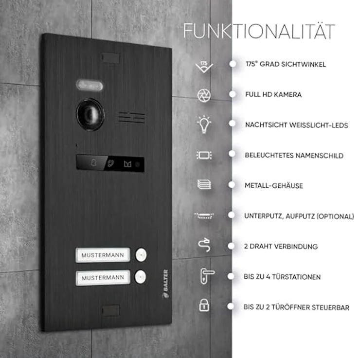 Balter EVO HD Video-Türsprechanlage für Zweifamilienhaus, Komplettset mit 2x 7 Zoll Monitoren, Full HD Kamera, App, Schwarz – Bild 2