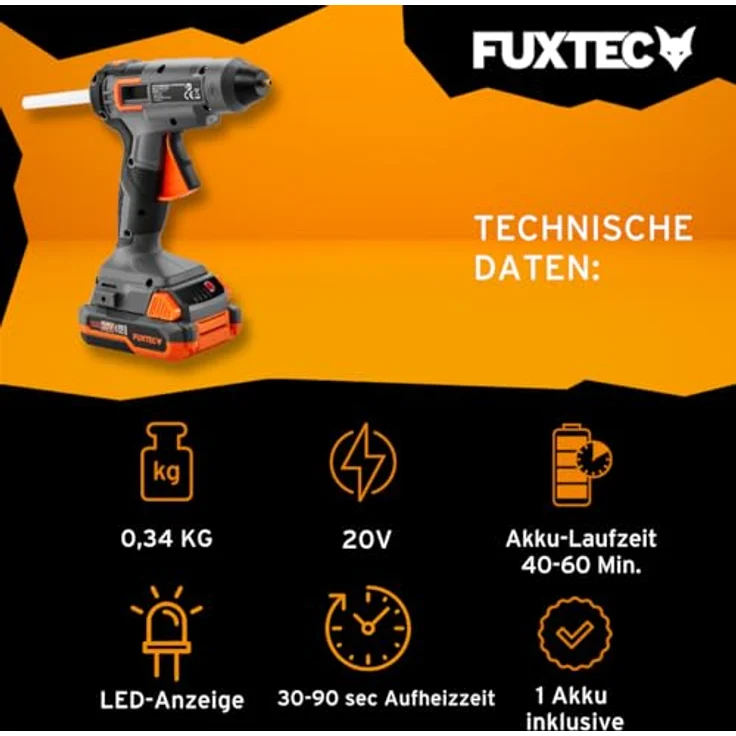 FUXTEC Heißklebepistole FX-E1GG20SET, kabellose 20V Akku Heißklebepistole mit LED-Lampe – Bild 3