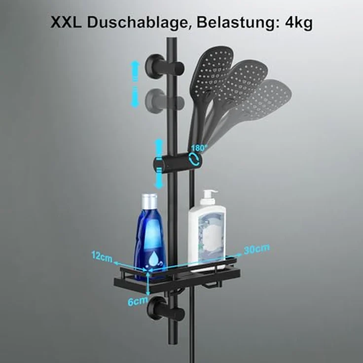 Görbach Edelstahl Duschstange mit Brause, Brausestangeset 70 cm, Handbrause mit 3 Strahlarten, Schwarz – Bild 4