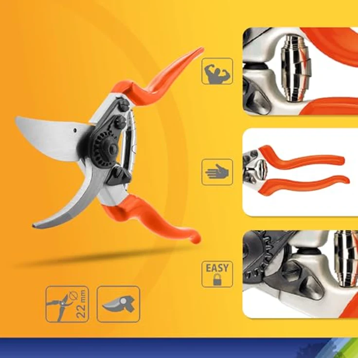 Stocker Profi Bypass Gartenschere 22 cm, verchromte Stahlklinge, ergonomische PVC-Griffe, Ø 22 mm Schnittkapazität, ideal für Weinbau & Garten – Bild 2