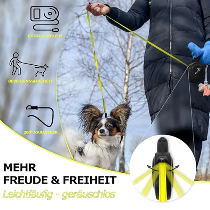 BLUZELLE 8m Lange Hundeleine für Hunde bis 50kg, Flexible Rollleine Neon-Gelb Leuchtender Reflektor-Gurt mit 360° Karabinerhaken Metall, Ergonomischer Griff Schwarz Gummiert & Einzugs-Bremse – Bild 2