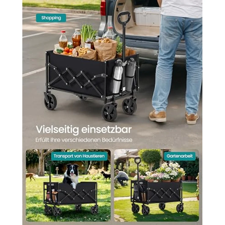 SONGMICS Kleiner Handwagen faltbar, Gartenwagen mit 4 verstärkten Rollen, 180 kg belastbar, 90 L, kompakt, tintenschwarz GFW909B01 – Bild 5