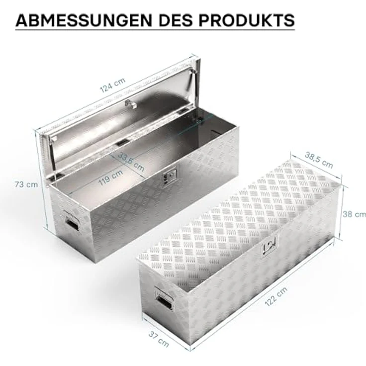 Wiltec Werkzeugbox Alu 124x37x38 cm, silberfarbene Deichsel- und Transportbox mit Schlüssel und Haltegriffen, robust und flexibel – Bild 5