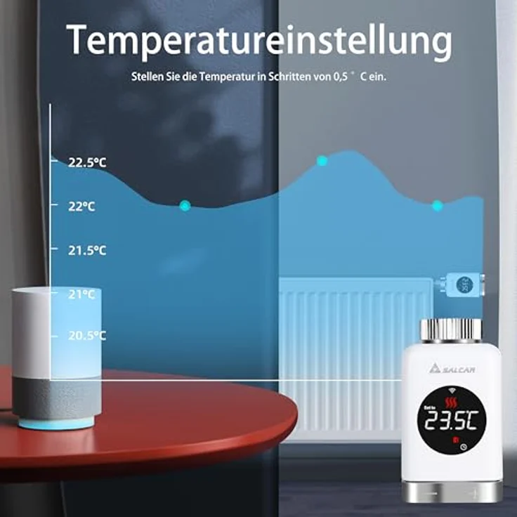 SALCAR TRV801W Heizkörperthermostat, Smart LCD WiFi Thermostat mit Sprachsteuerung für Amazon Alexa & Google Home, energieeffizient ohne Gateway, inklusive 6 Adapter und Batterien – Bild 5