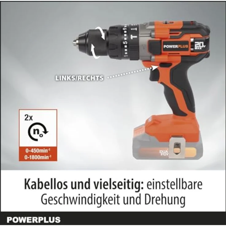 Powerplus Powdp15200, 20V Hammerbohrer mit 26 Drehmomentstufen, selbstspannendem Bohrfutter und LED-Leuchte für Holz, Metall und Beton – Bild 2
