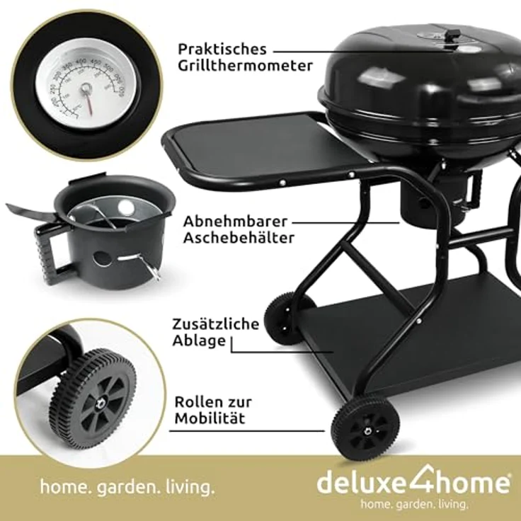 deluxe4home® Kugelgrill Ø55 cm mit Ablagefläche I Rollbarer Grillwagen mit Deckel I BBQ Holzkohlegrill, Grill rund für Holzkohle Barbecue Grill, schwarz – Bild 4