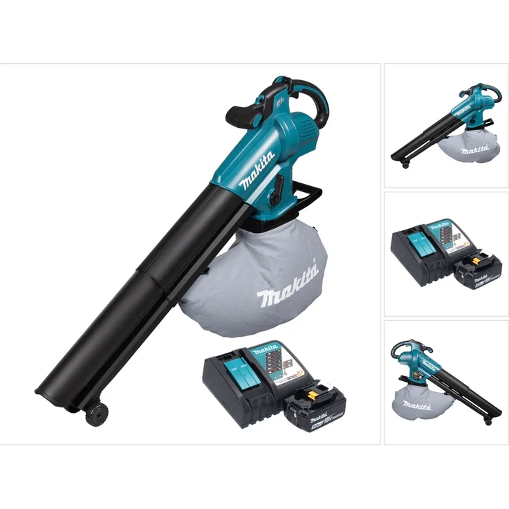Makita DUB 187 RT Akku Laubbläser und Laubsauger 18 V Brushless + 1x Akku 5,0 Ah + Ladegerät, bürstenloser Motor, stufenlose Geschwindigkeitseinstellung, Xtreme Protection Technology (XPT), Laufräder.