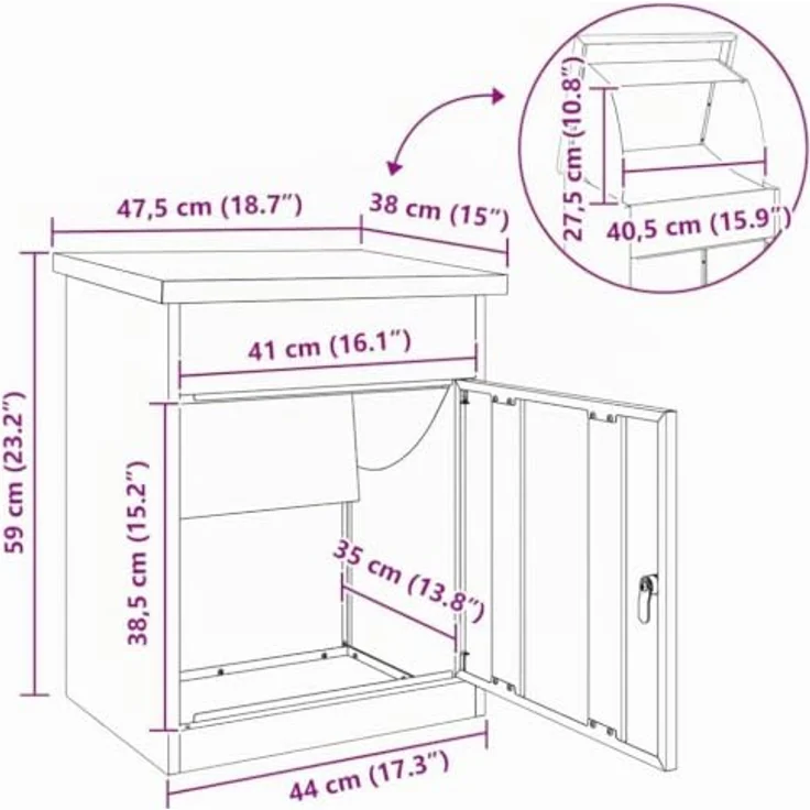 vidaXL Briefkasten Paketdrop-Box, silber, wetterfest, aus Edelstahl, 47,5 x 38 x 59 cm, abschließbar mit Riegelschloss – Bild 3