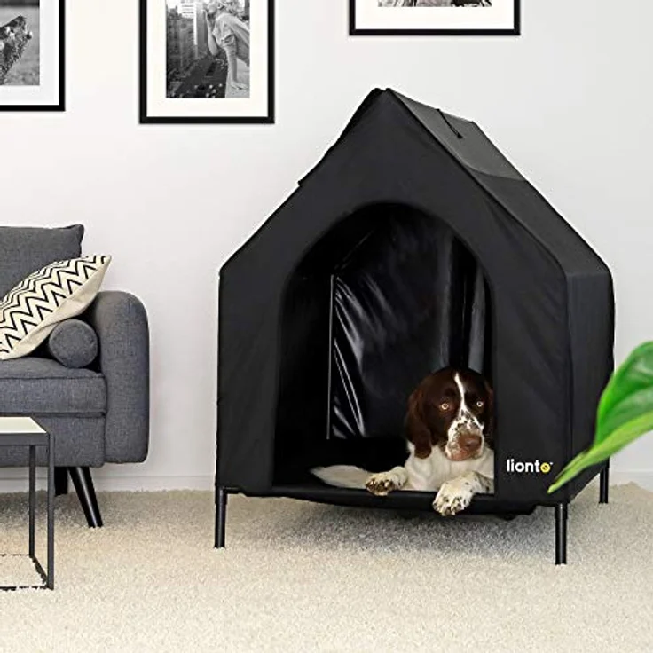lionto Outdoor Hundeliege überdacht, 130x85x113 cm, wasserabweisendes, kratzfestes Oxford-Material & atmungsaktives Netzgewebe, erhöhtes Hundebett mit abnehmbaren Füßen, für Hunde bis 80 kg, schwarz – Bild 3