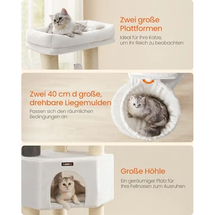 Feandrea Kratzbaum mit selbstwärmenden Decken, für große Katze, 2 Katzenbürsten, 11,1 cm dicke Stämme, große Plattformen, Höhle, 50 x 50 x 160 cm, cremeweiß-beige – Bild 3