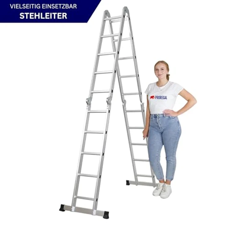 PROREGAL Sprossen-Mehrzweckleiter MULTISTEP, 4-teilig Aluminium, bis zu 5,7m Höhe, Traglast 150kg, Flexibel als Stehleiter oder Anlegeleiter nutzbar – Bild 4