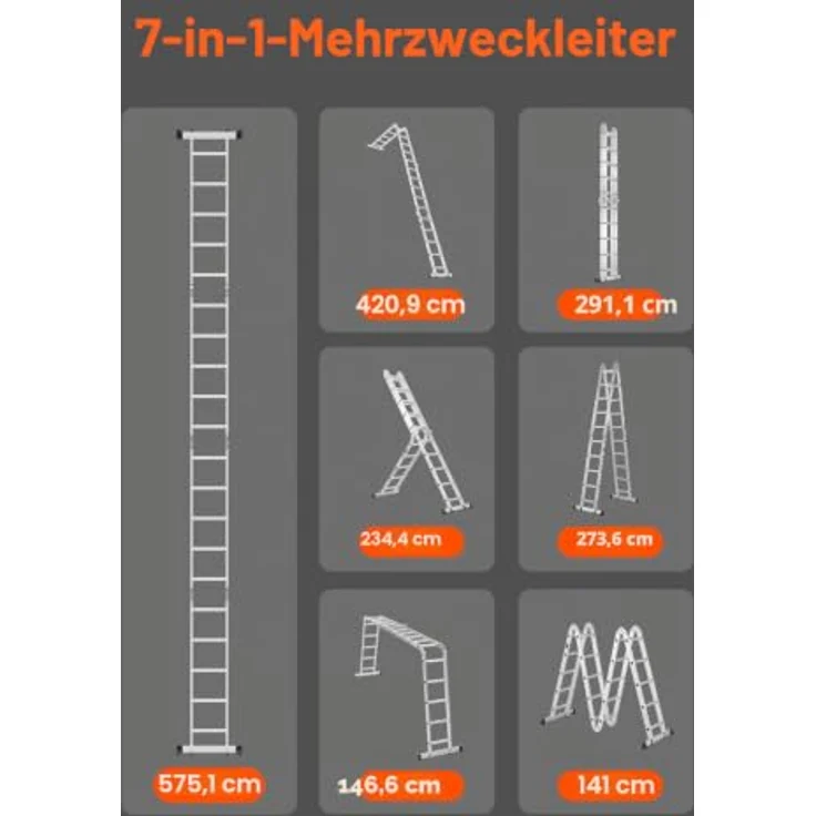 VEVOR 7-in-1 Mehrzweckleiter, Multifunktionsleiter, 5-Stufen-Teleskopleiter, verstellbare Hochleistungsleiter mit 150 kg Tragkraft für den Außenbereich, 5750 mm – Bild 2