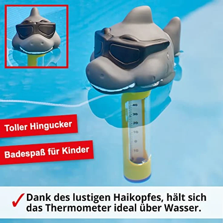 HECHT Poolthermometer mit Hai Motiv, schwimmendes Thermometer für Pool, Whirlpool und Teich, bruchfest, mit Befestigungsband, Celsius & Fahrenheit Skala – Bild 7