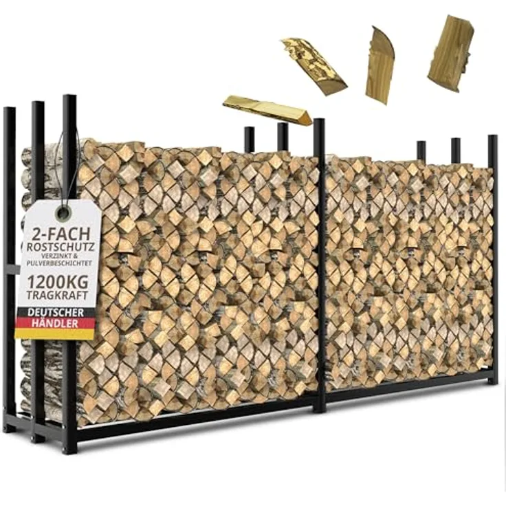 LAWA Living and Lifestyle Kaminholzregal Metall 223 × 50 × 115cm, verzinkt, Outdoor Holzunterstand für 25cm bis 50cm Feuerholz, schwarz, Tragfähigkeit bis 1200 kg