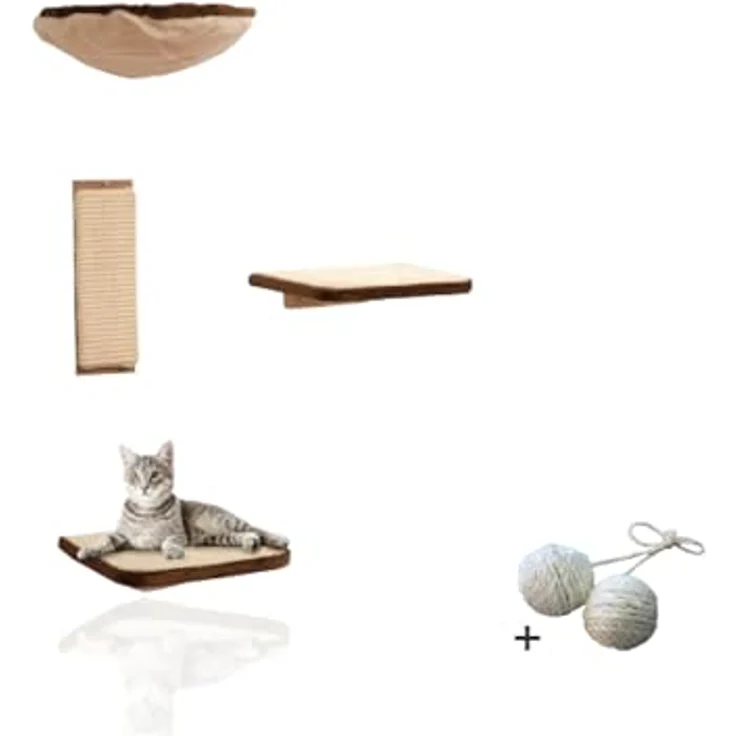 Rohrschneider® Vierteilige Katzen Kletterwand | Katzenmöbel Wandmontage Wandelemente | Katzenspielzeug mit Wandliege für Katzen | Katzen Wandpark mit Katzenhängematte | Katzen Zubehör | Beige – Bild 1