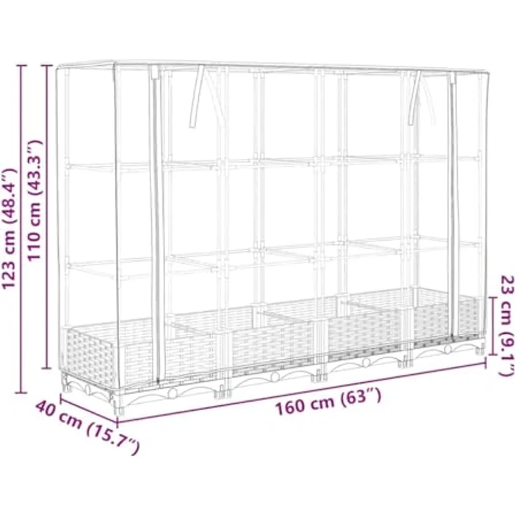 vidaXL Hochbeet mit Gewächshaus-Aufsatz Rattan-Optik 160x40x123 cm schwarz - Stabiles Eisenrohr-Rahmen, wasserfeste Abdeckung, Rattan-Look – Bild 4