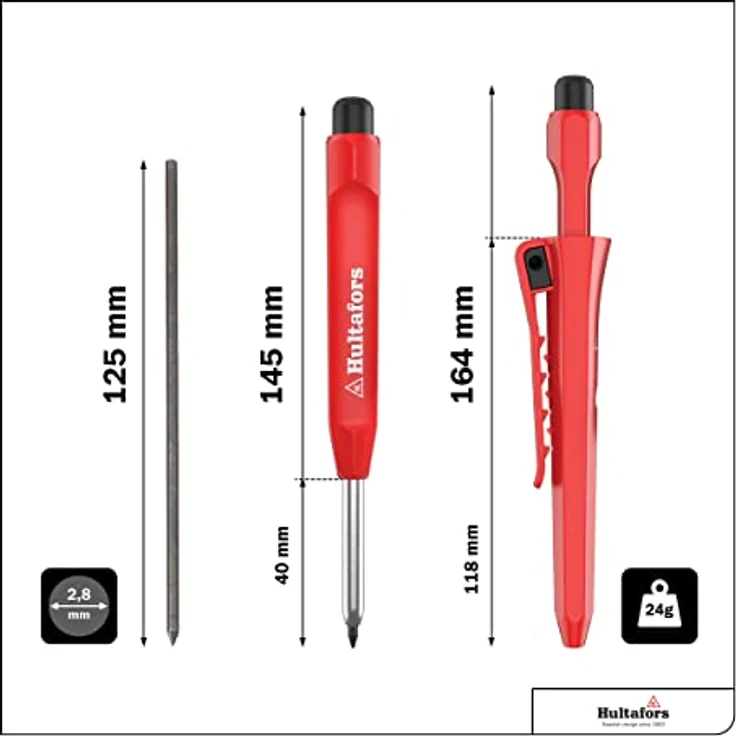 Profi Tieflochmarker inkl. Langlebiger Graphit-Mine & Spitzer I Hultafors I 1 Stück I Trockenmarker mit rutschfestem Clip I Zimmermannsbleistift für Oberflächen Holz, Beton, Kunstoff & Metall I 650100 – Bild 2