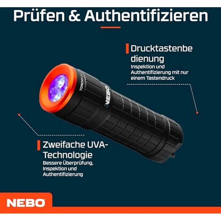 NEBO Torchy UV, UV Schwarzlicht Inspektions-Taschenlampe, kompakt und tragbar, langlebige Aluminiumkonstruktion, batteriebetrieben für Authentifizierungszwecke – Bild 3