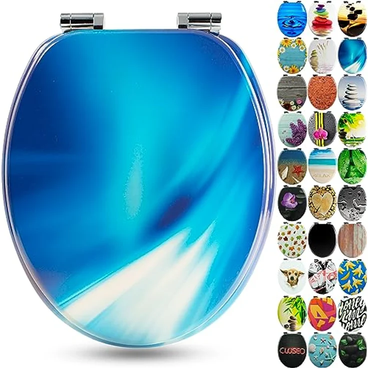 Sanfino WC Sitz Wave, Toilettendeckel aus Holz mit Absenkautomatik, blau mit Motiv, verchromte Metallscharniere, einfache Montage – Bild 1