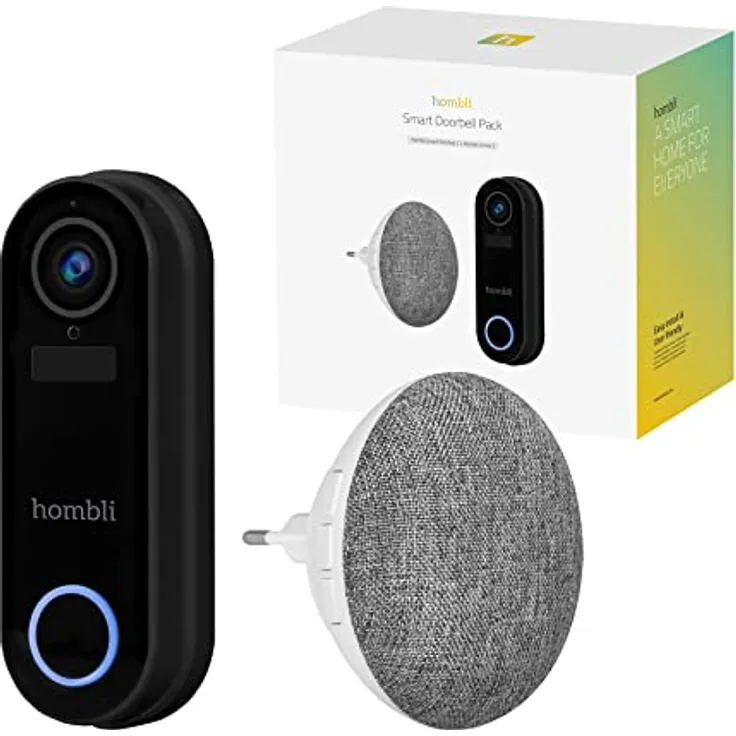 Hombli Smart Funk Türklingel mit Chime 2 mit Gegensprechfunktion | 140° Winkel Kamera mit HD 1080p Video | Bewegungserfassung & Nachtsicht | 2,4GHz WLAN | MicroSD, Cloud Speicher | IP65 Wasserschutz