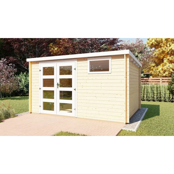 Finn Art Blockhaus Funny 7, Flachdach Gartenhaus 4x3m, 28mm Wandstärke, ohne Fußboden, mit selbstklebender Premium Dachbahn