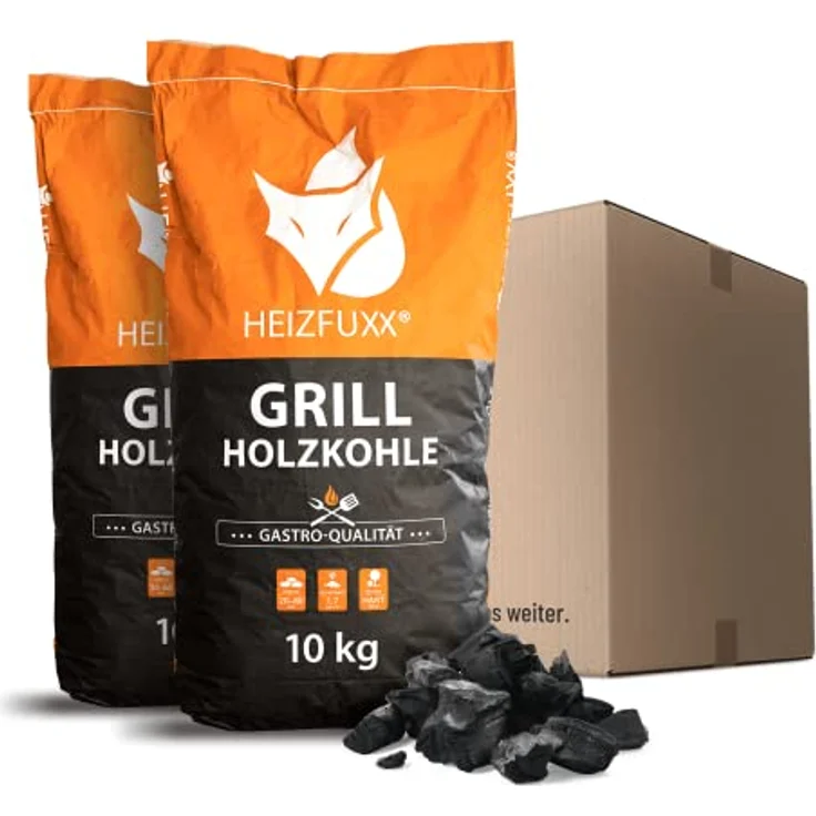 HEIZFUXX Holzkohle 20kg (2 x 10kg Säcke) Premium Grillkohle aus Hartholz, langanhaltende Glut, geringer Funkenflug, für BBQ und Smoker – Bild 1