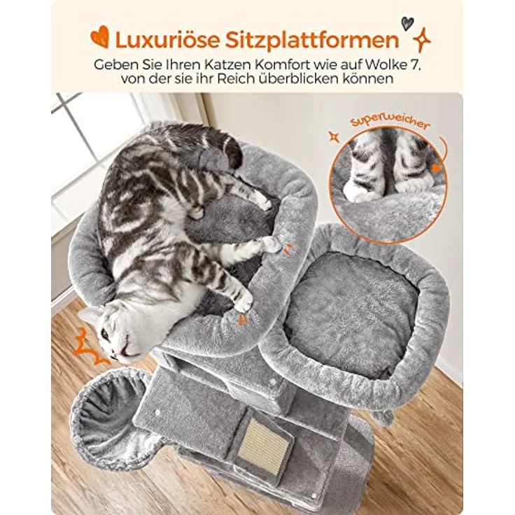 Feandrea Kratzbaum groß, 206 cm hoch, XXL Katzenbaum, mit 13 Kratzsäulen, 2 Plattformen, 2 Höhlen, Korb, Hängematte, Plüschbälle, mehrstöckiger Katzenkratzbaum, hellgrau PCT190W01 – Bild 3