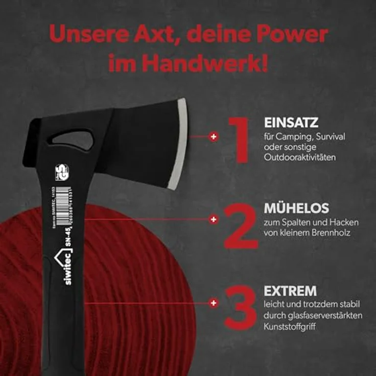 siwitec Camping Axt SN-45, Survival Axt mit 450 Gramm Kopfgewicht, Axt zum Holz spalten mit glasfaserverstärktem Kunststoff-Stiel und C45 Carbon Klinge, Beil – Bild 3